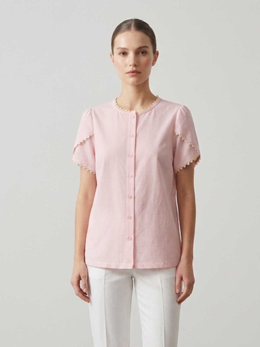 Handmade Pretty Women's Blouse Short Sleeve Casual Gingham & Lace Pink Medium